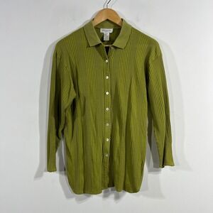 Jones Preppy Old Money 90s Chartreuse Green Ribbed Knit Button Down Polo Small